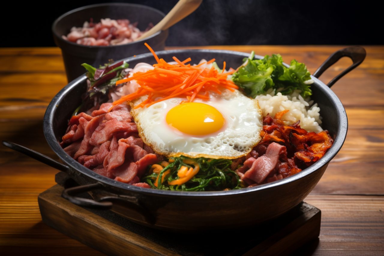 Bibimbap-a-Korean-dish-served-in-a-hot-bowl-with-side-dishes