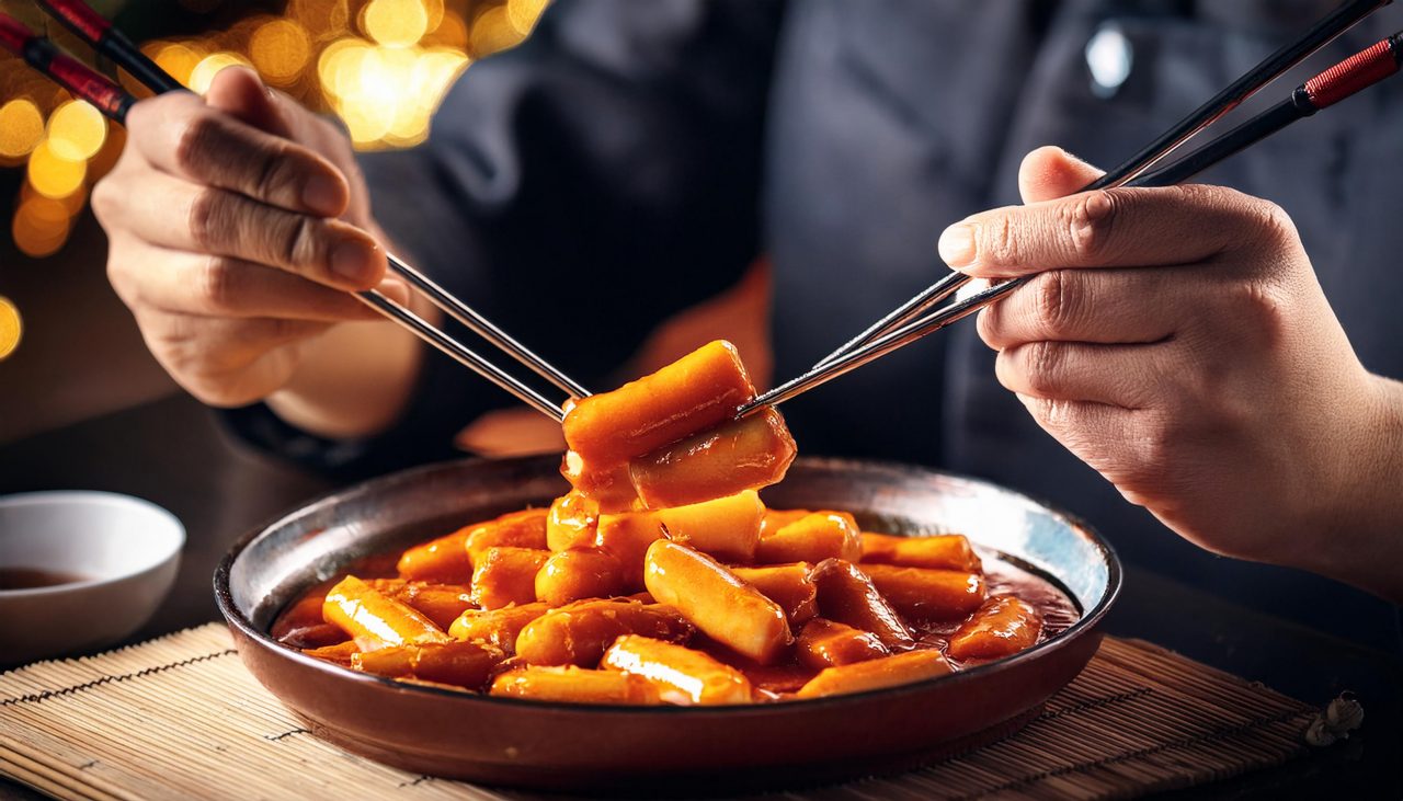 Faceless man eat Tteokbokki in restaurant 