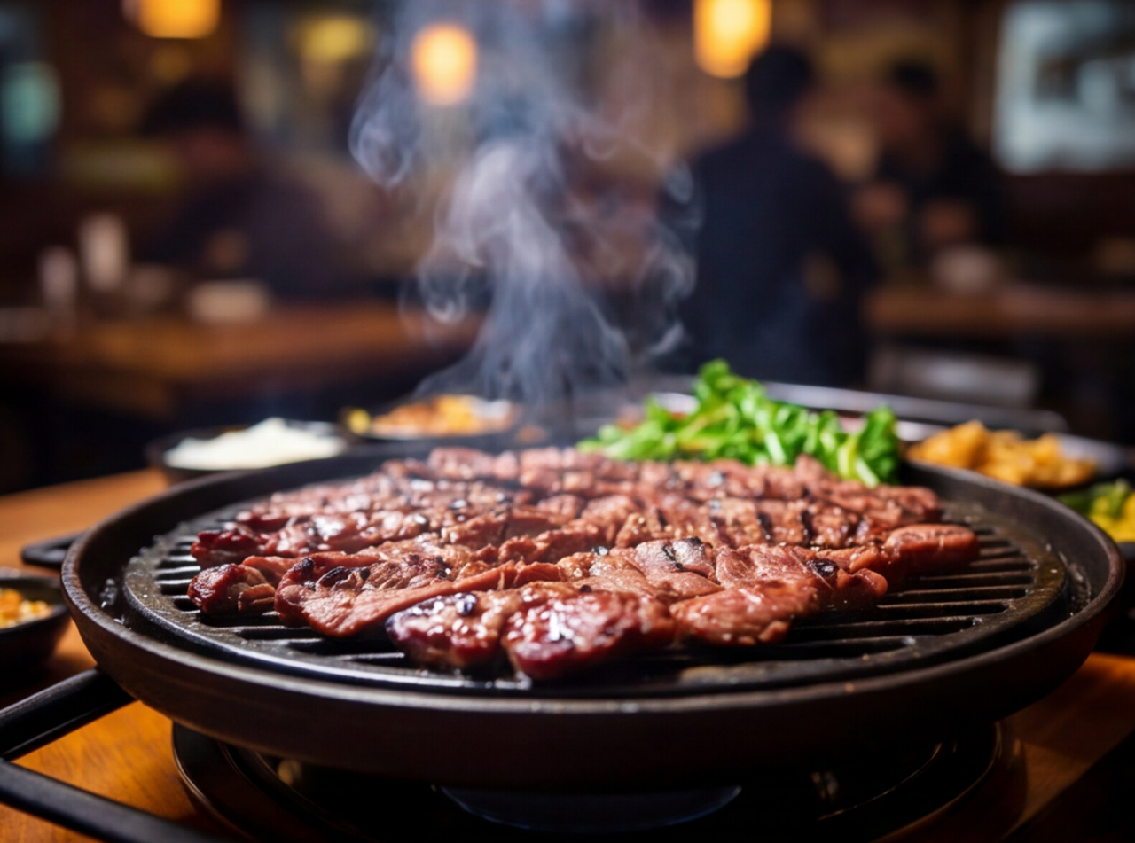 Korean BBQ Galbi Grill Smoked Meat Peppers Mushrooms Kimchi