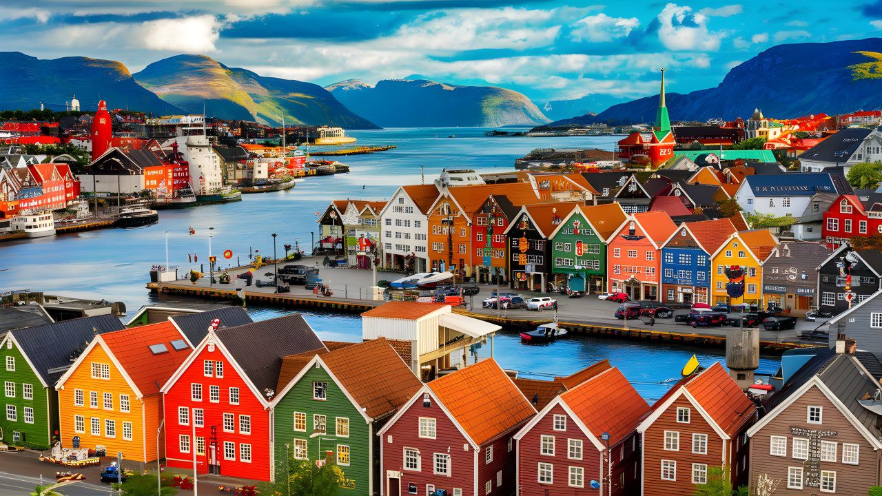 Birdseye view of City of a vibrant Bergen village, Norway 