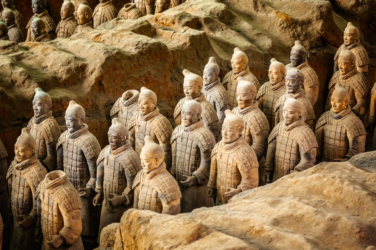 a view of Xi’an Palace tomb filled with various warrior statues 