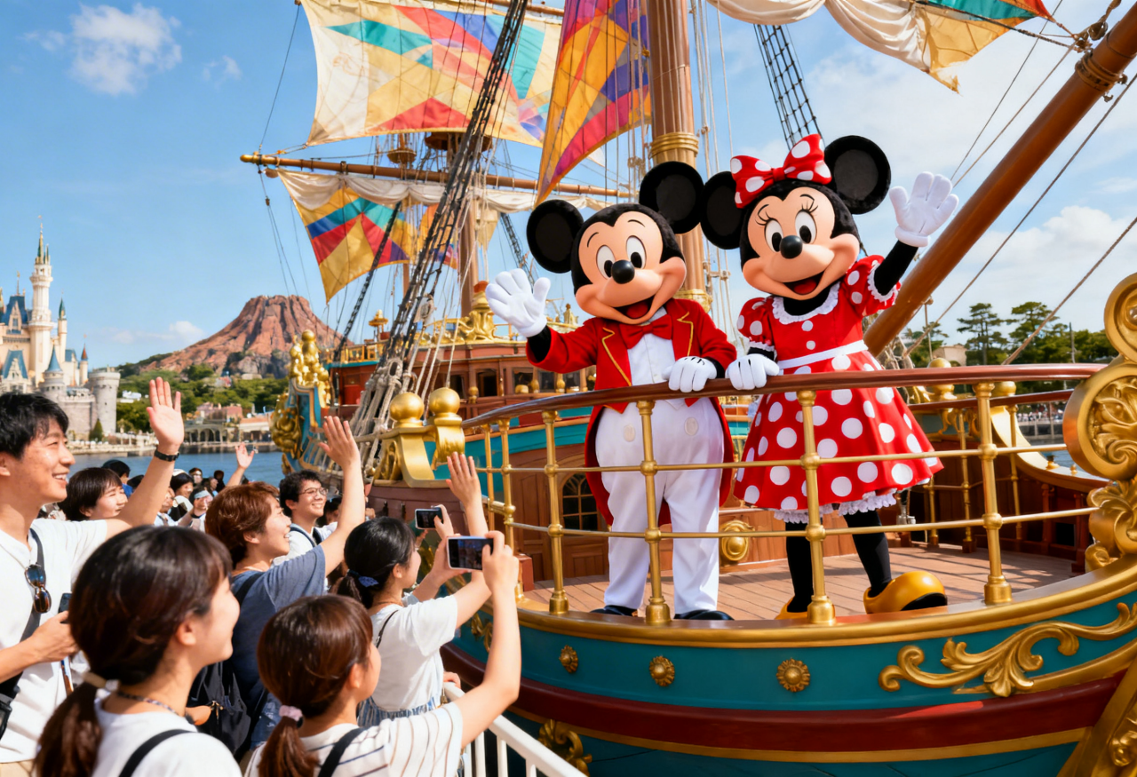 Mickey and Minnie Mouse greet fans on the Fantasy Ship at Tokyo DisneySea