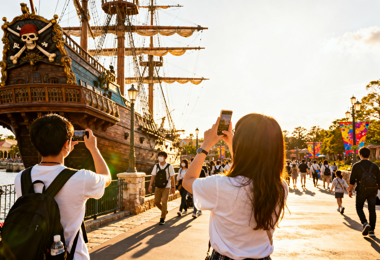 Tourists take photos with the pirate ship monument at Tokyo DisneySea