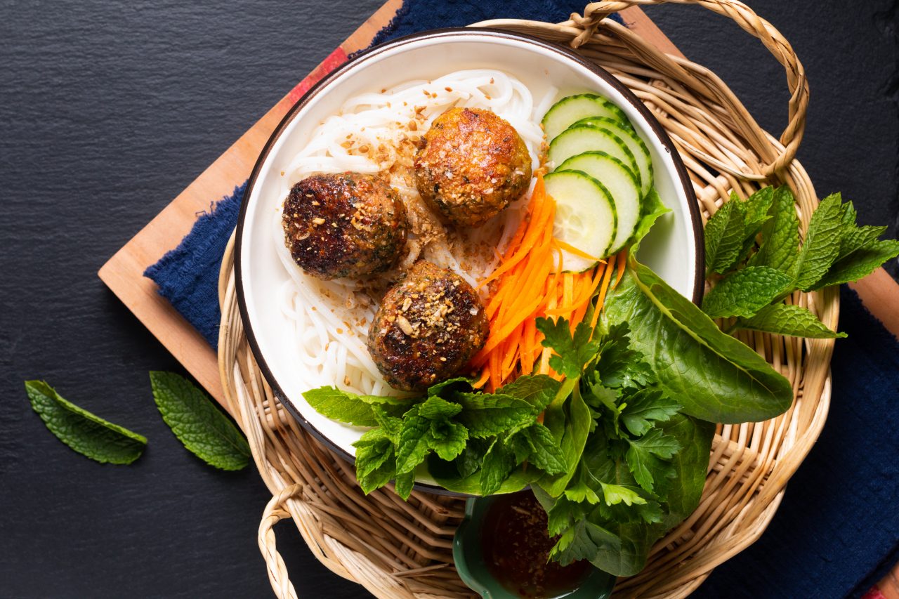 Bun Cha Vietnamese rice noodles and meatballs 