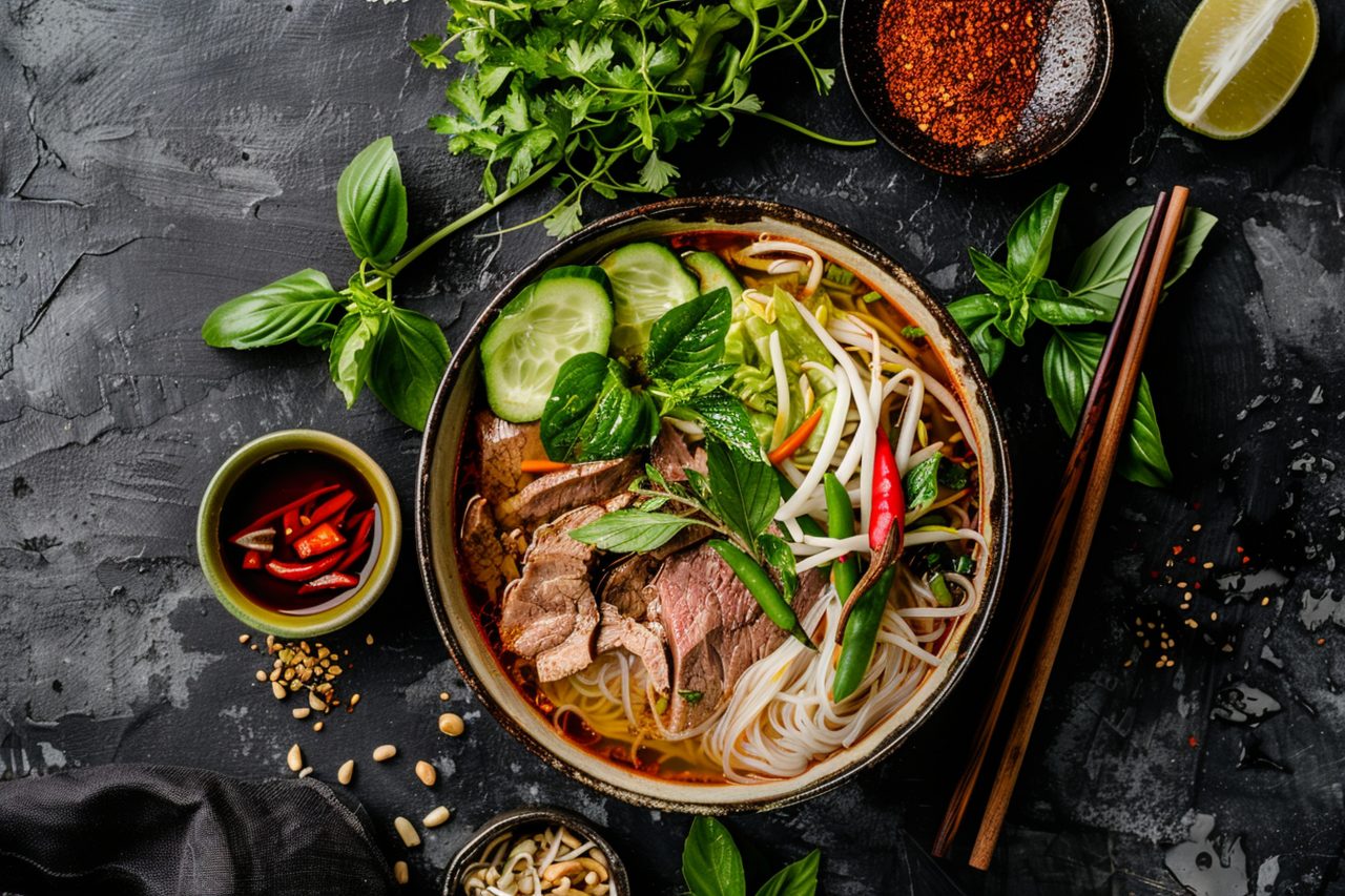 A bowl of Southern Vietnamese noodles, vegetables and noodles
