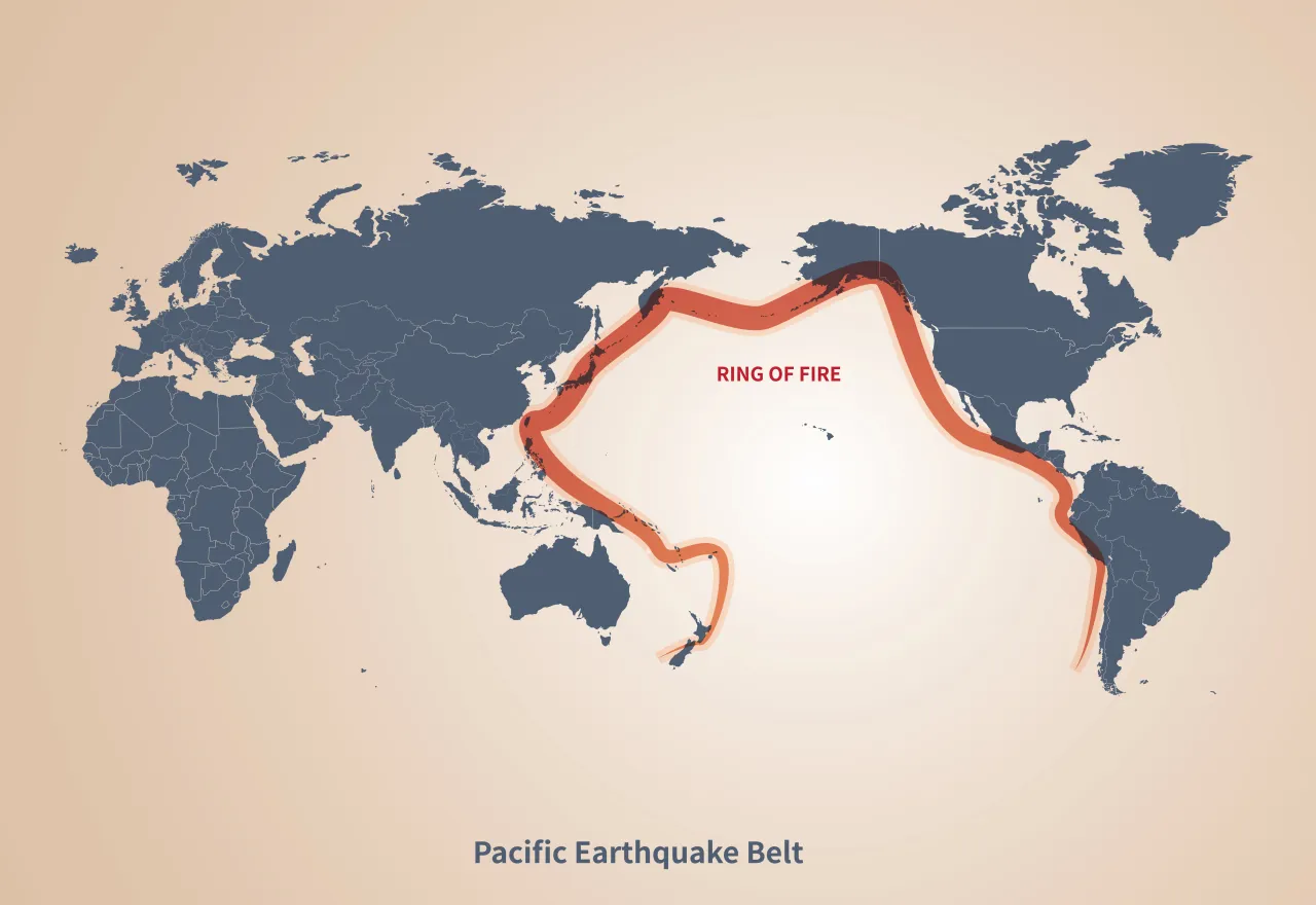 แผนที่โลกแสดงประเทศที่เกิดแผ่นดินไหวมากที่สุดเพราะอยู่บริเวณวงแวนแห่งไฟ