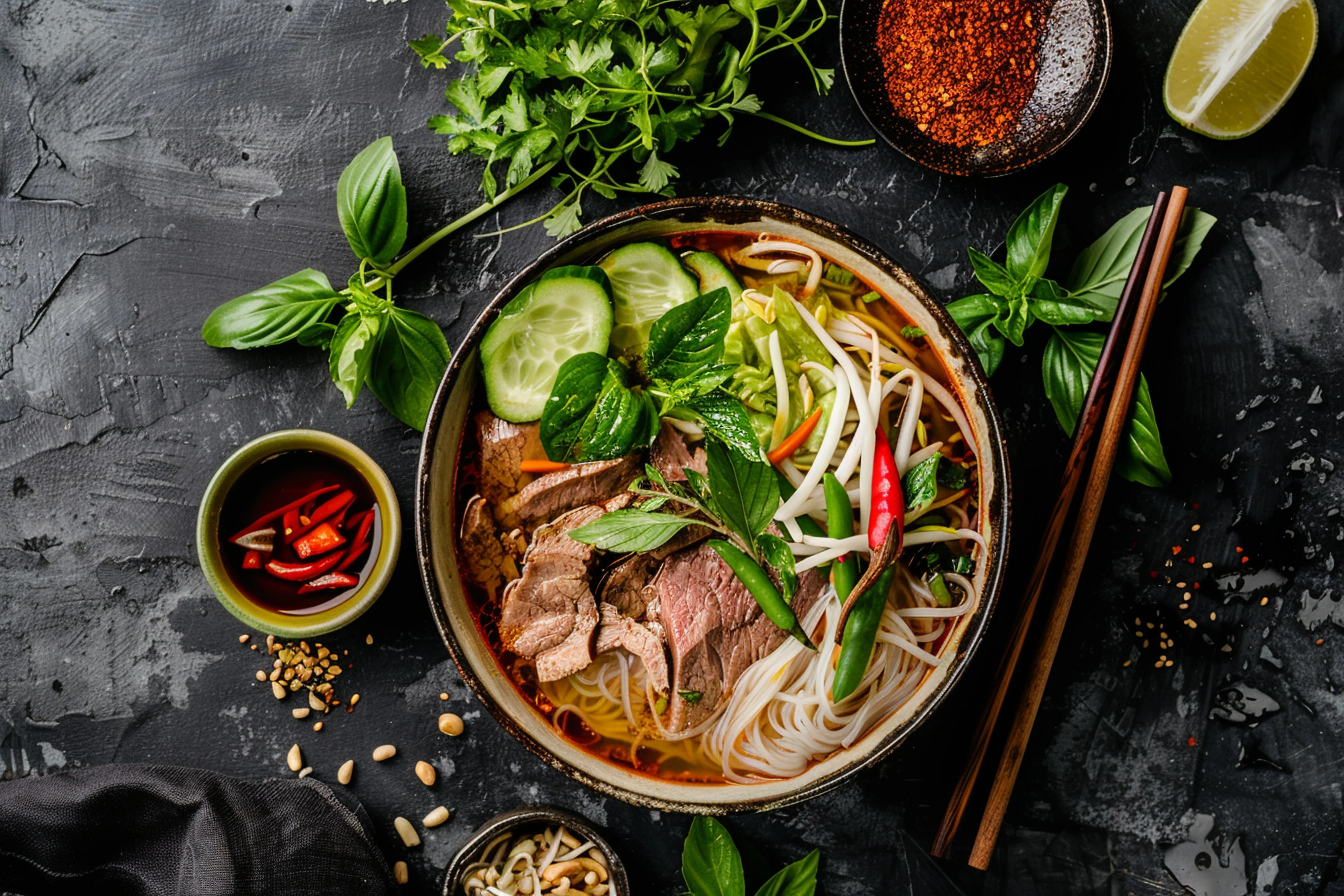 A bowl of Southern Vietnamese noodles, vegetables and noodles