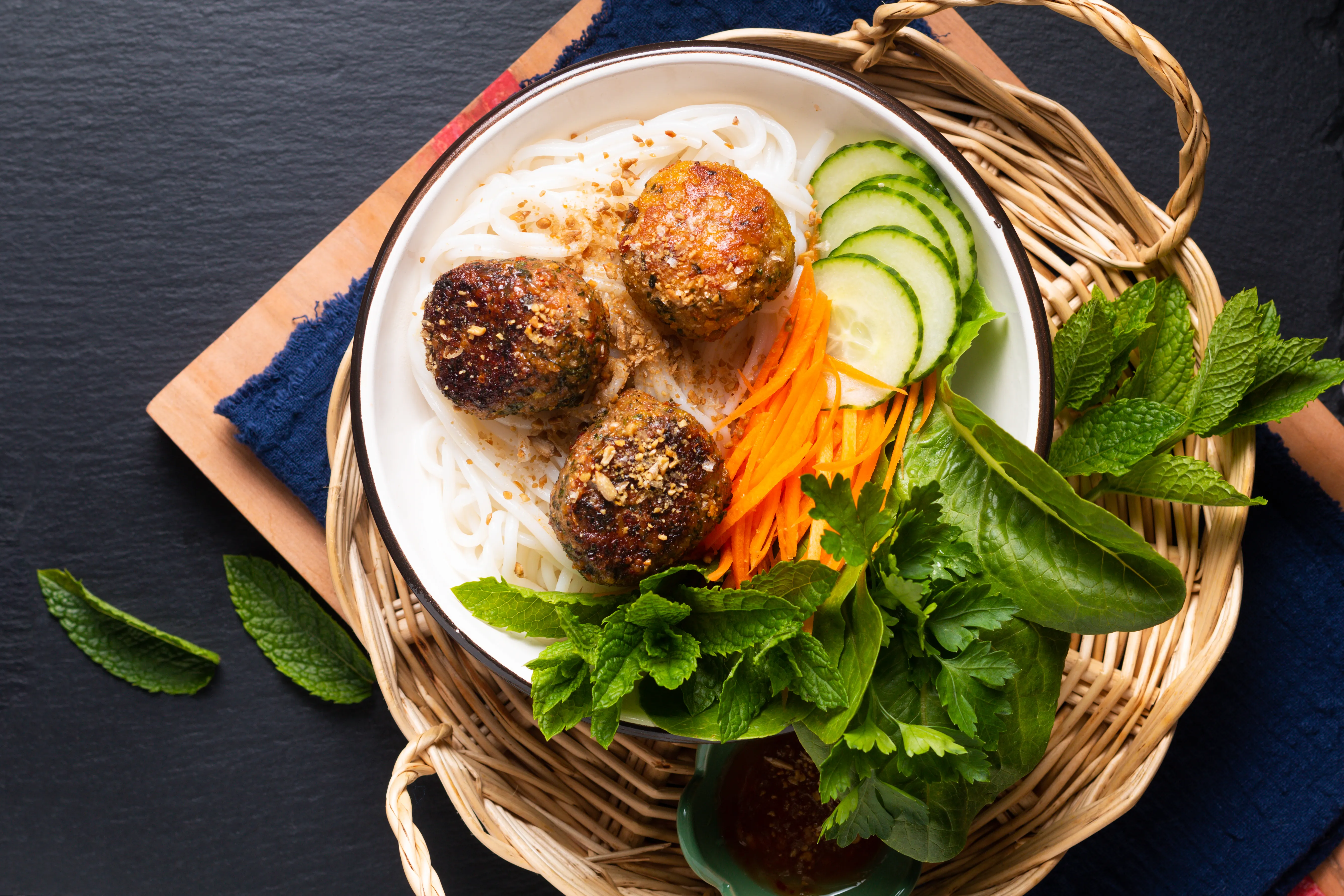 Bun Cha Vietnamese rice noodles and meatballs 