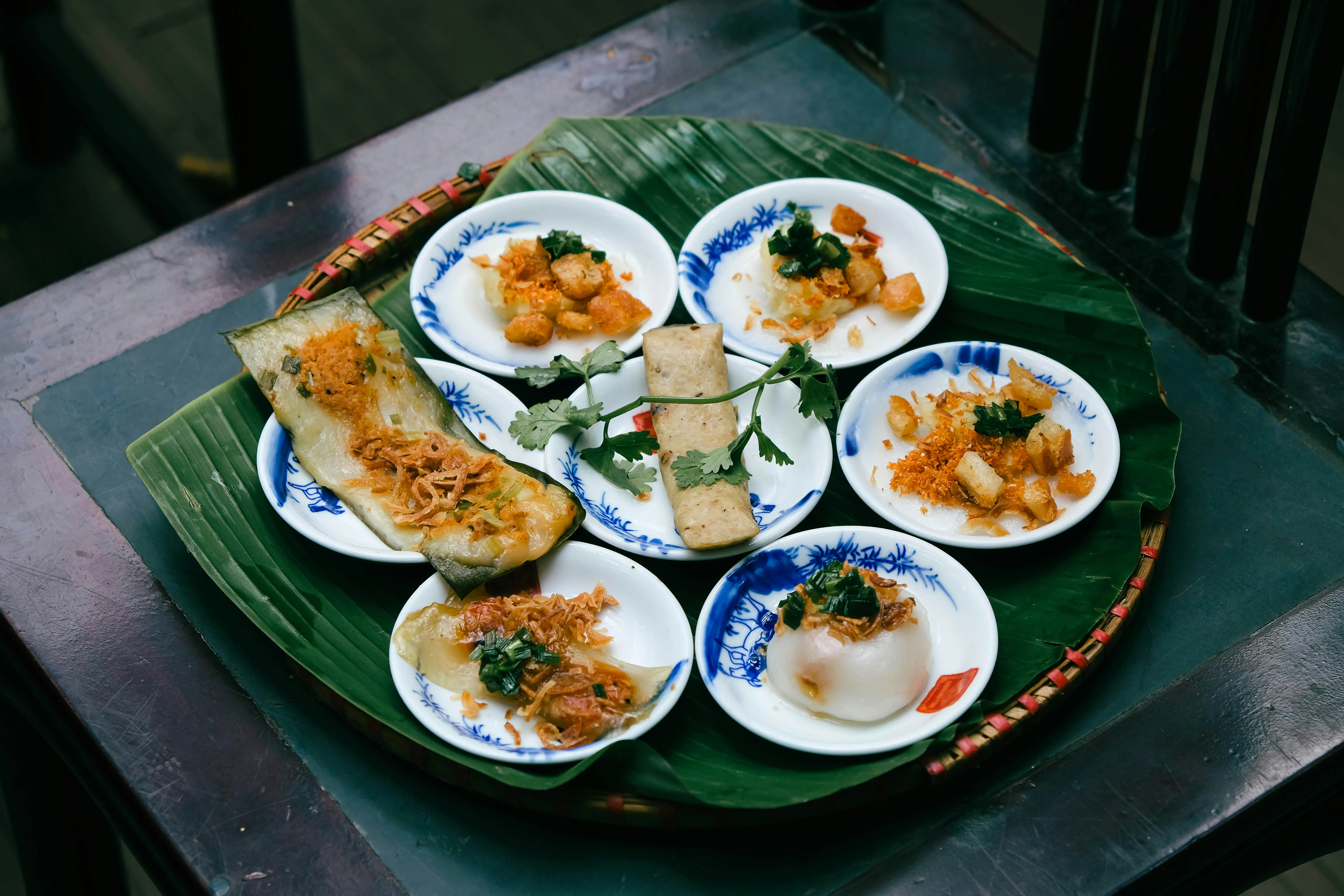 Banh Beo in a plate on a banana leaf tray
