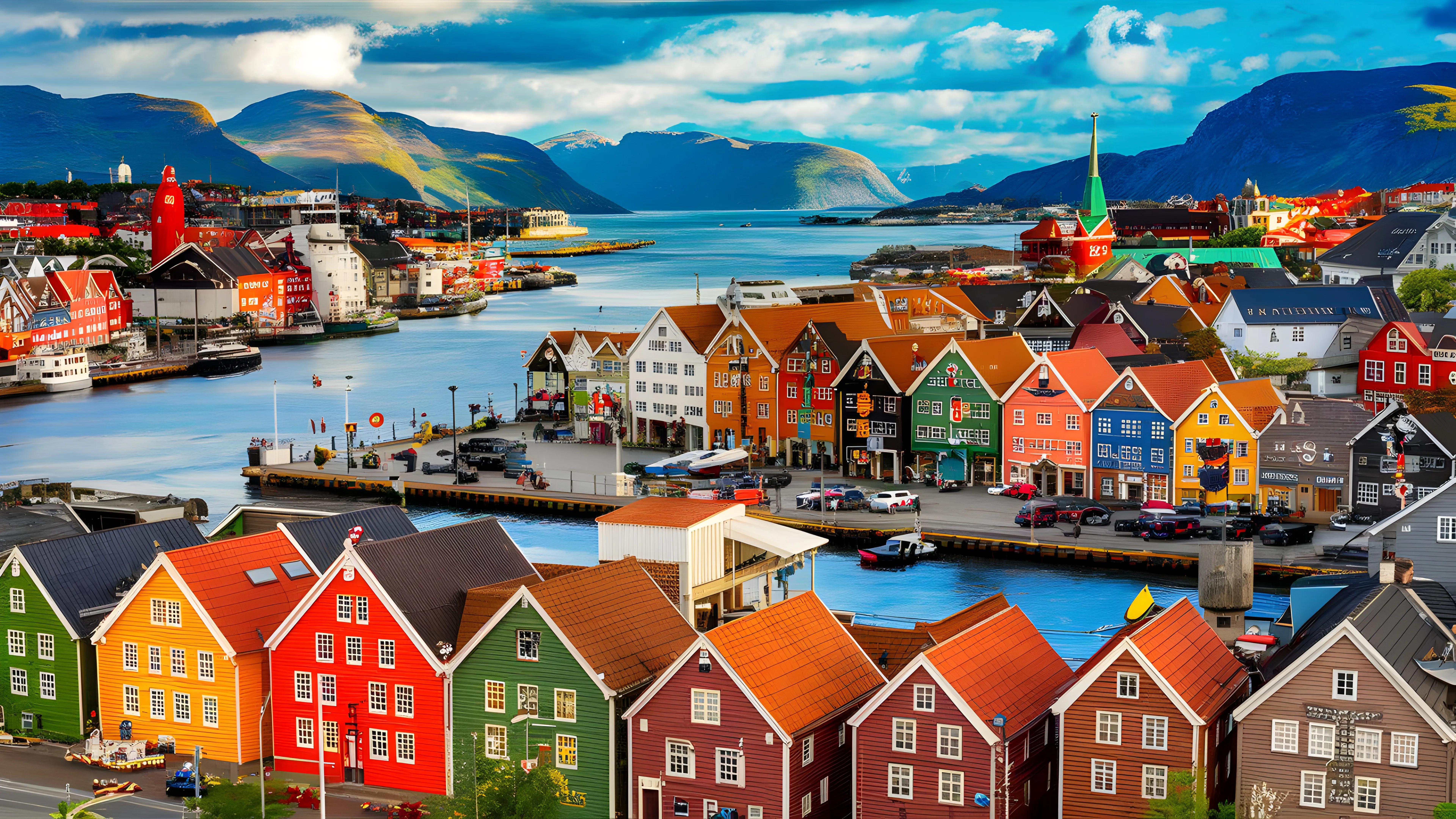Birdseye view of City of a vibrant Bergen village, Norway
