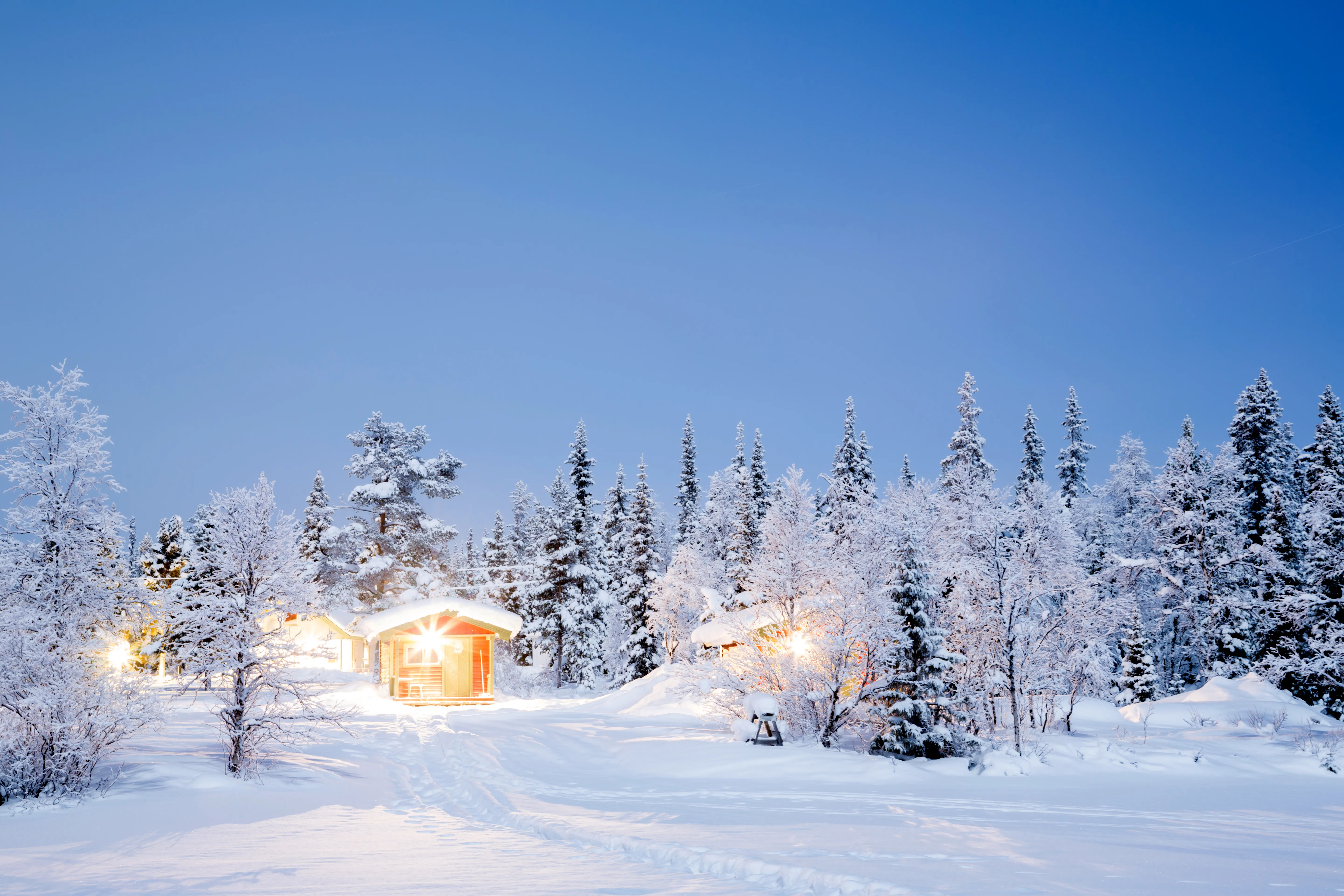 A wooden cabin in the snow-covered forest