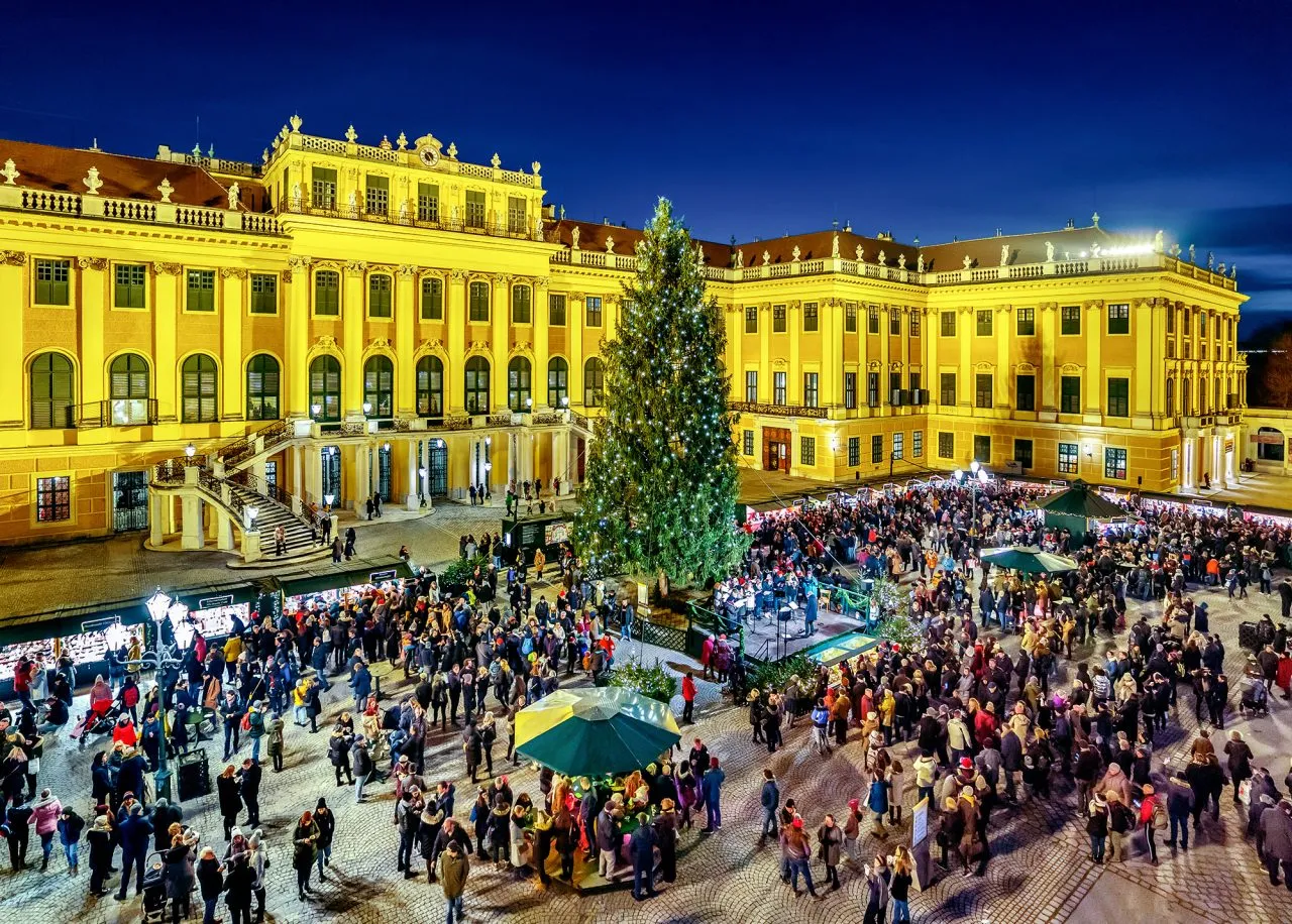 Busy holiday market with a lit Christmas tree and carousel in a historic square