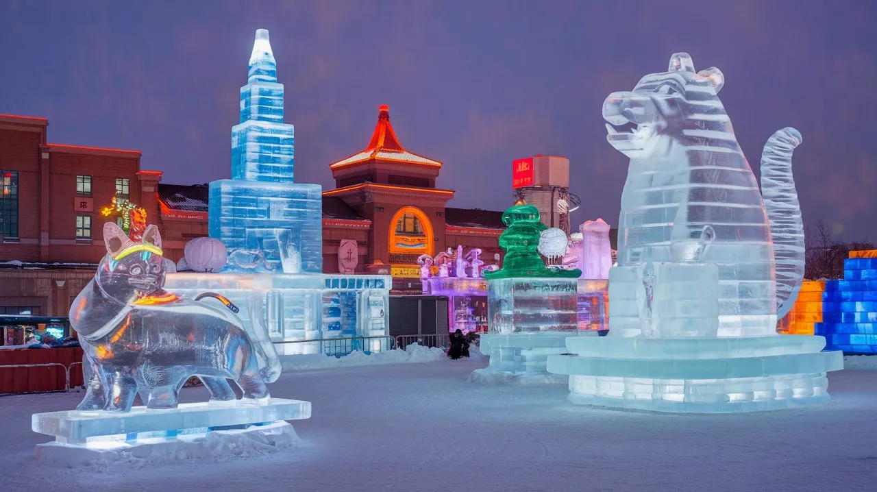 Ice sculptures of animals and buildings illuminated in a winter festival