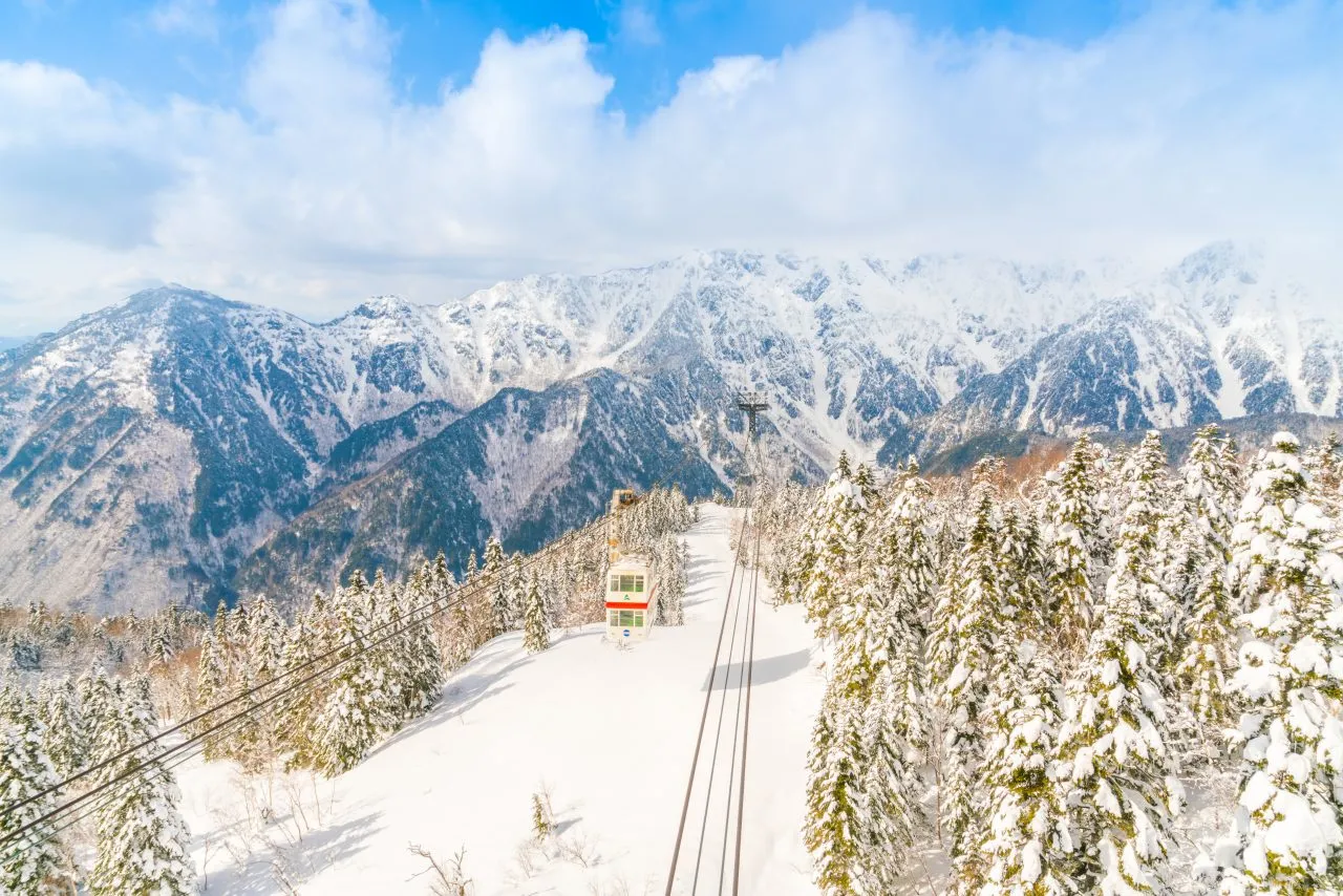 Cable car traveling through snowy mountains with trees and peaks in the distance