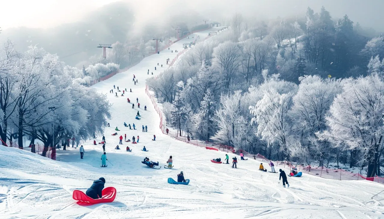Ski slope filled with people sledding and skiing among snow-covered trees