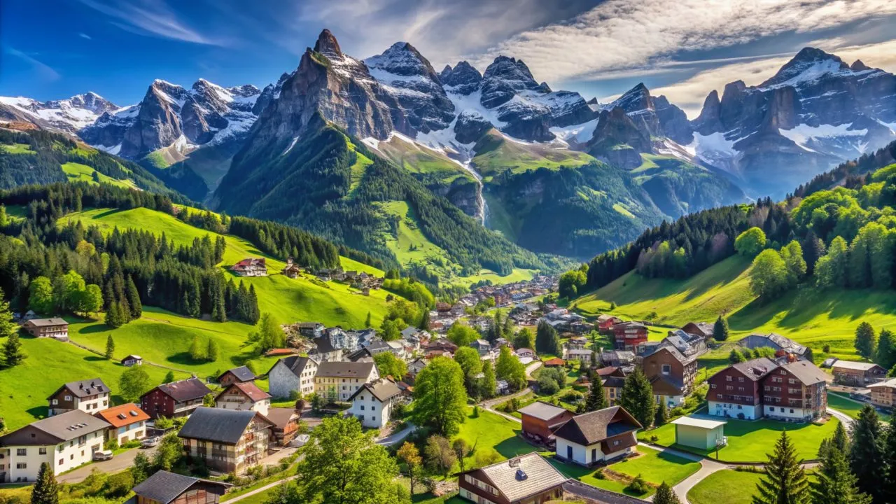 A landscape view of the greenery village with mountains in background in Europe