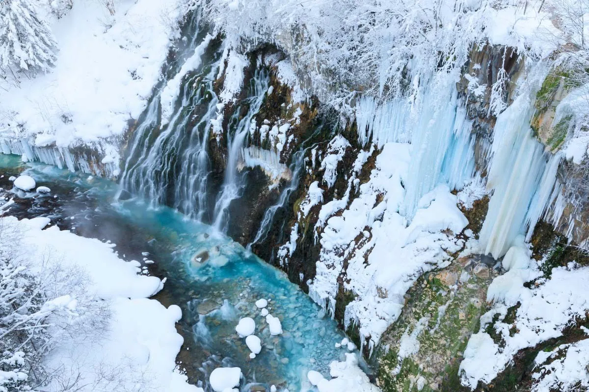 Top view from the Shirahige Waterfall in Biei village in Furano, Japan