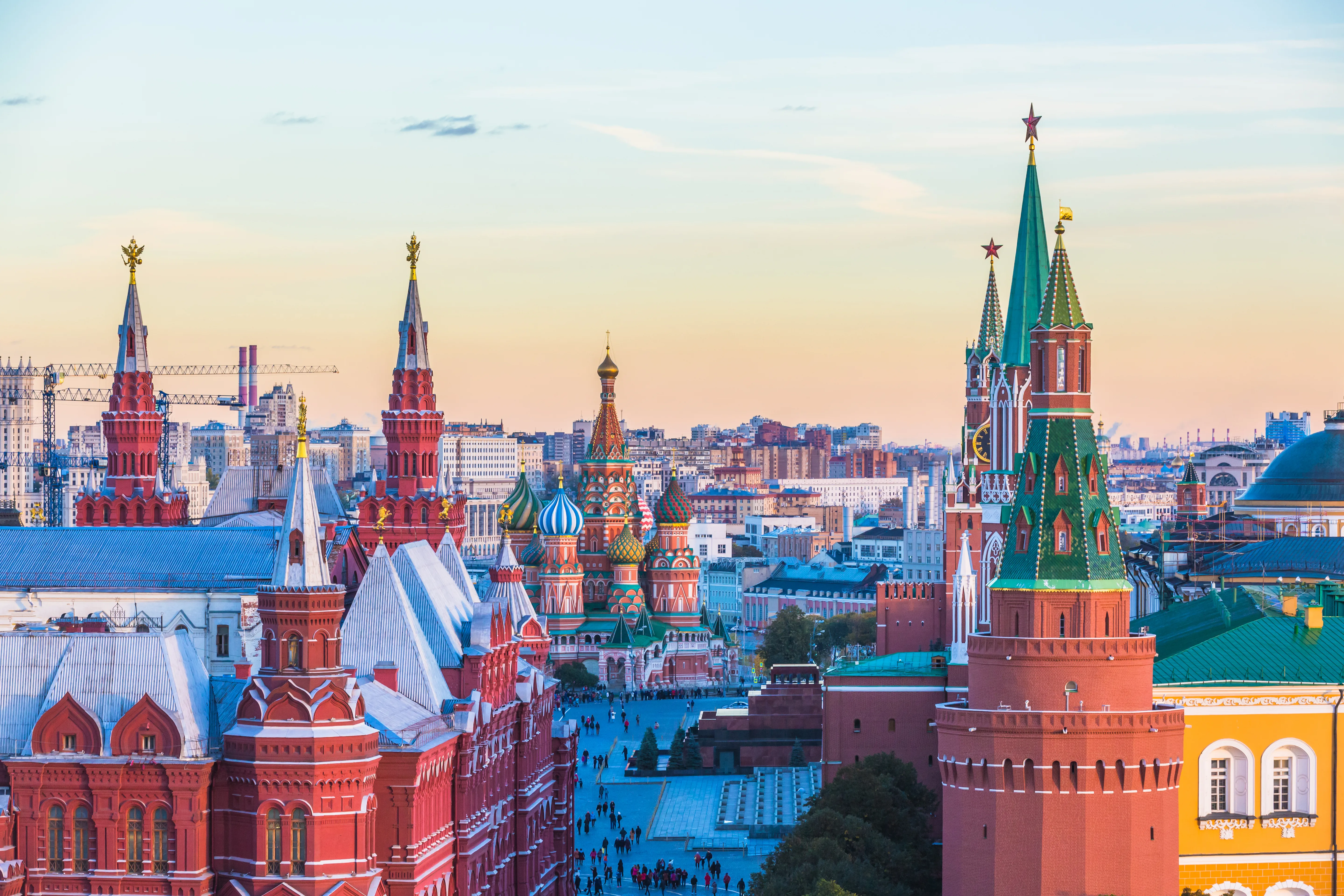an elevated view of Red Square in Moscow, Russia, showcasing several iconic landmarks clustered together.