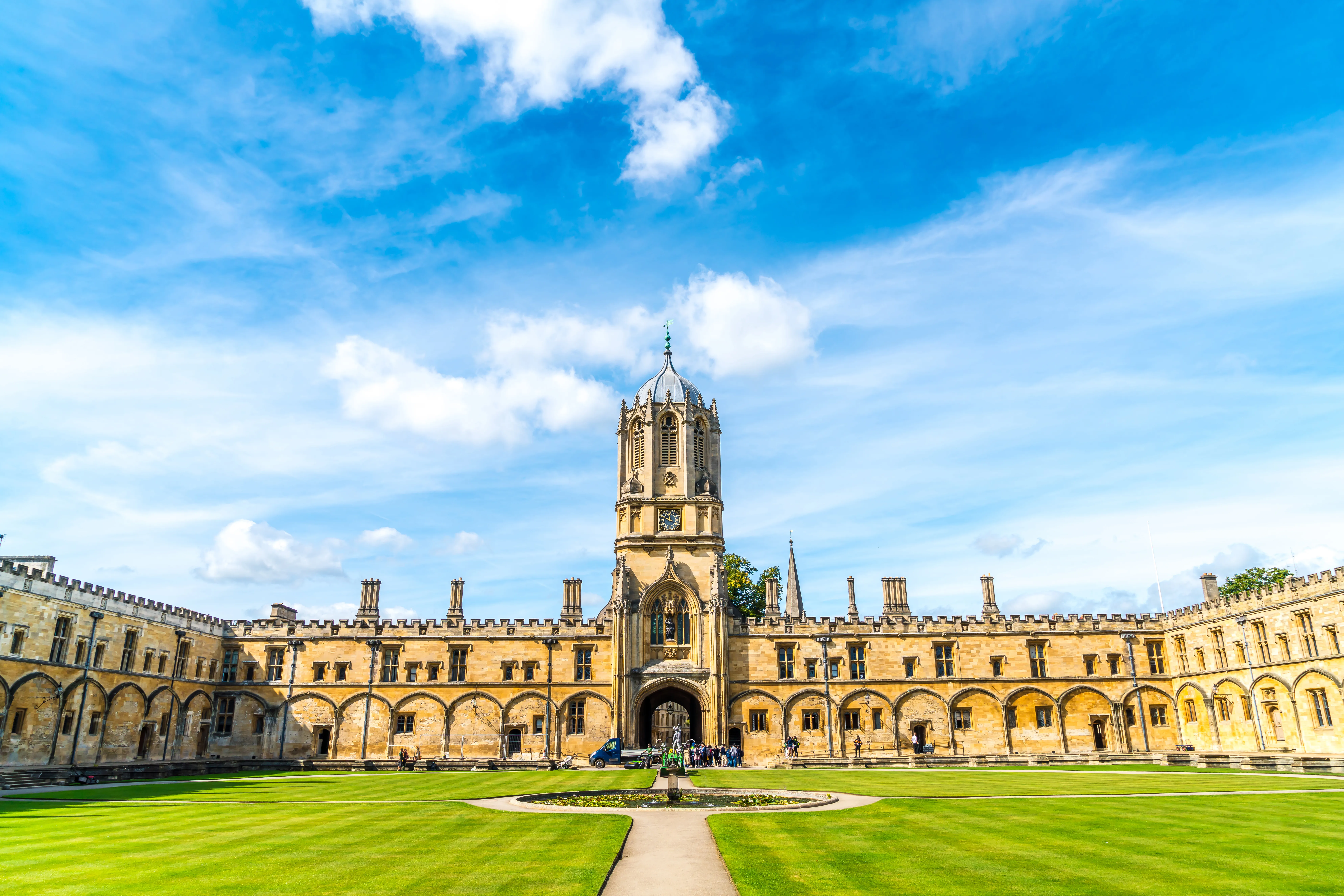 An architectural photograph shows Tom Quad and Tom Tower at Christ Church College, University of Oxford, in Oxford, United Kingdom