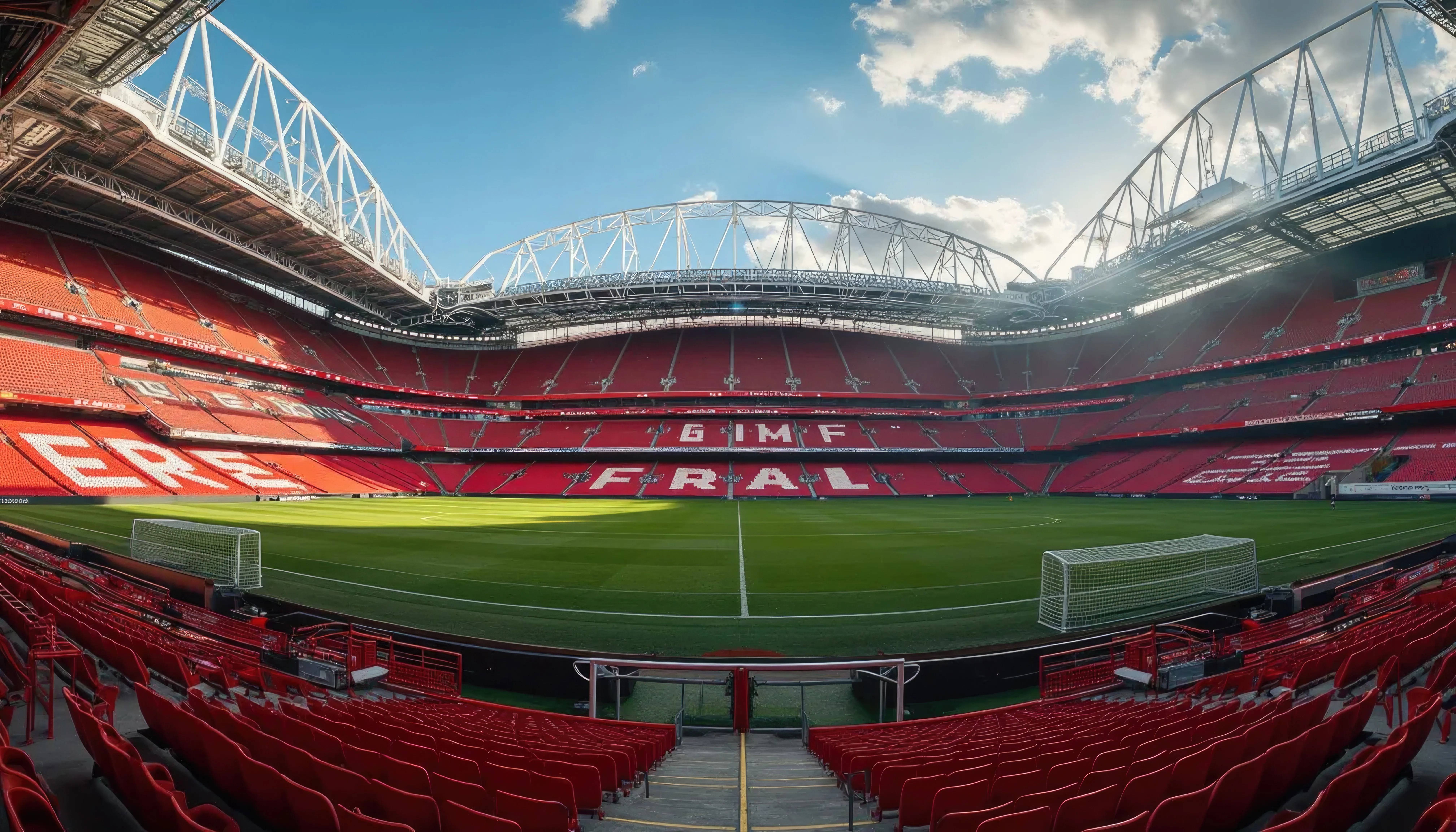 A wide-angle, eye-level shot looking across an empty, massive modern football stadium with a lush green pitch under a bright blue sky with scattered clouds.