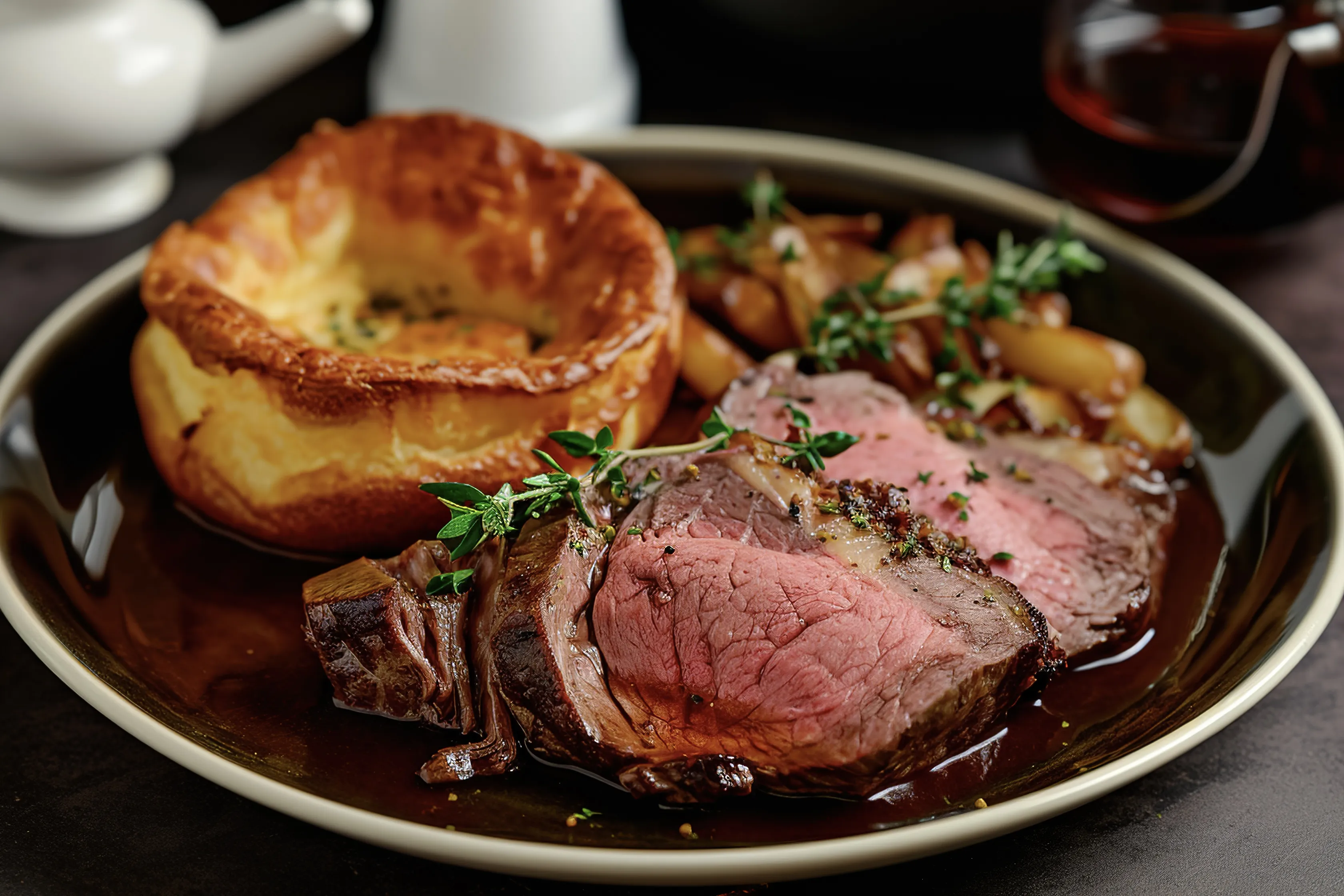 Slices of juicy roast beef with herbs, Yorkshire pudding, and roasted vegetables on a dark plate, conveying a hearty, comforting meal.