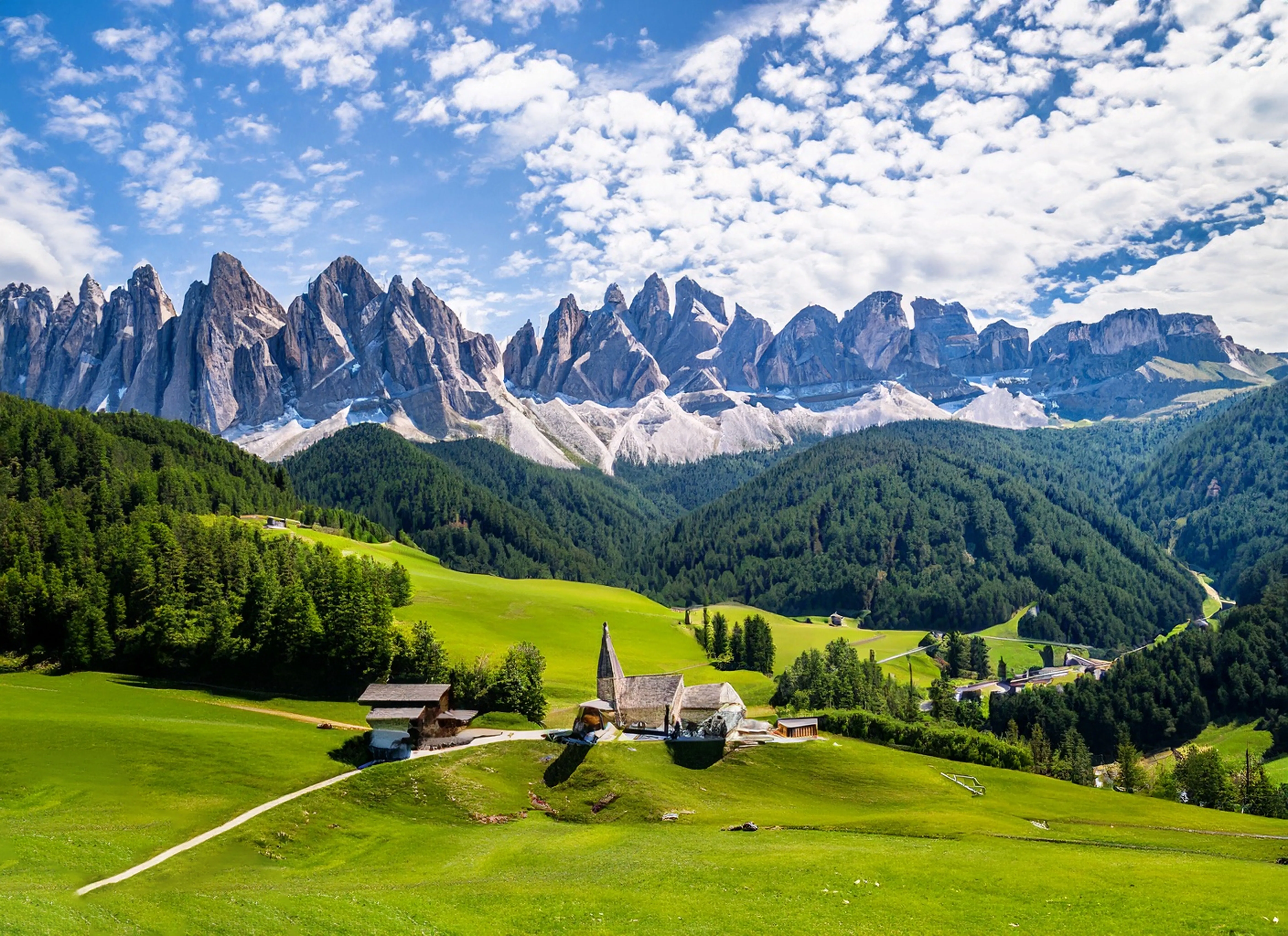 A historic stone church sits on green alpine meadows below the jagged Odle Dolomites peaks.