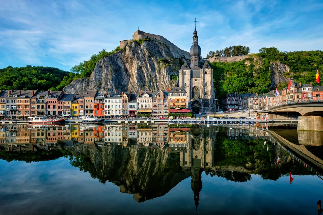 Overcast view of Dinant citadel and collegiate church of Notre Dame, Belgium