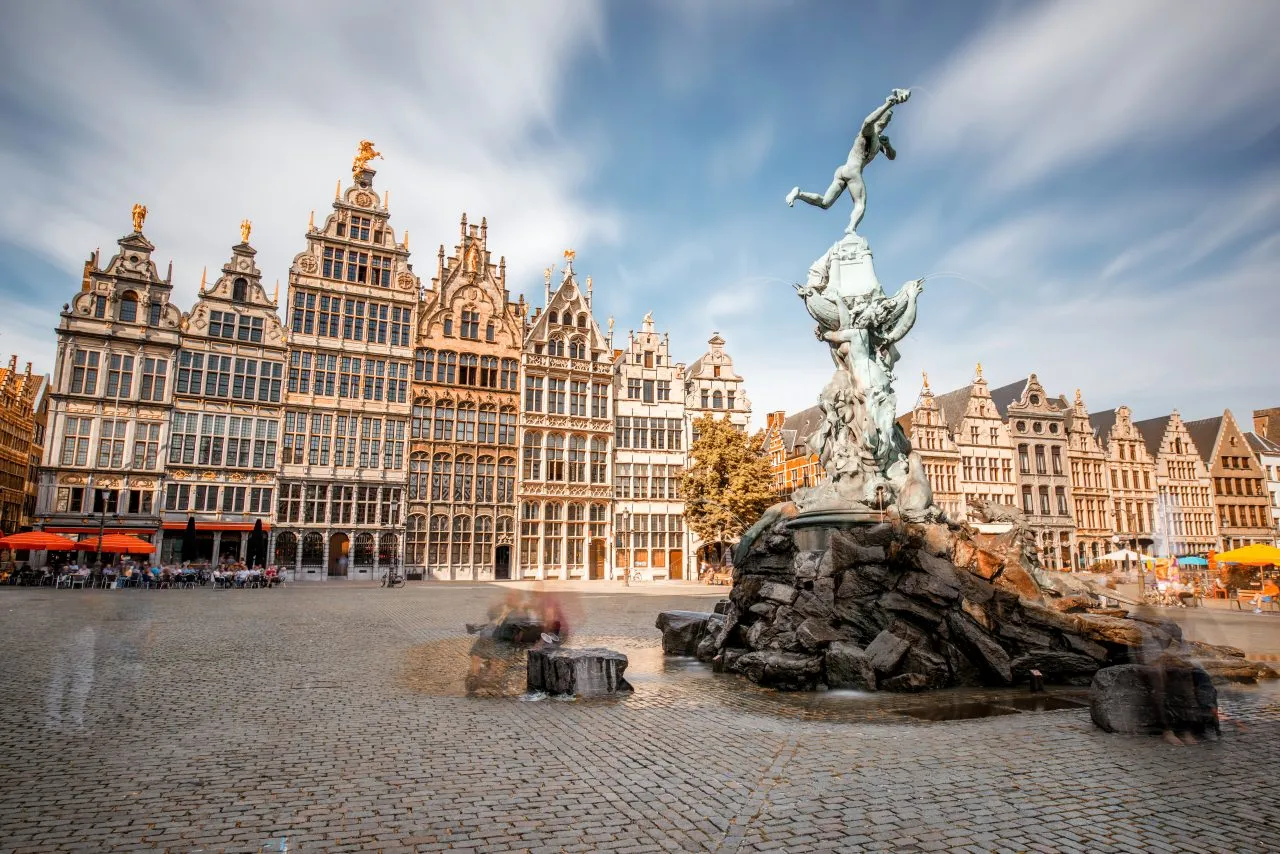 Grote markt square with brabo fountain in Antwerp, Belgium