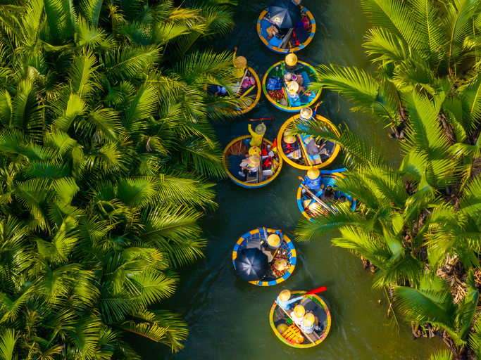 Aerial view of a coconut village basket boat tour in Hoi An ancient town 