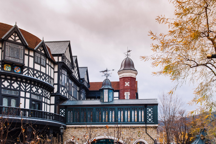 European-style building in the famous chocolate factory of Shiroi Koibito Park in autumn.