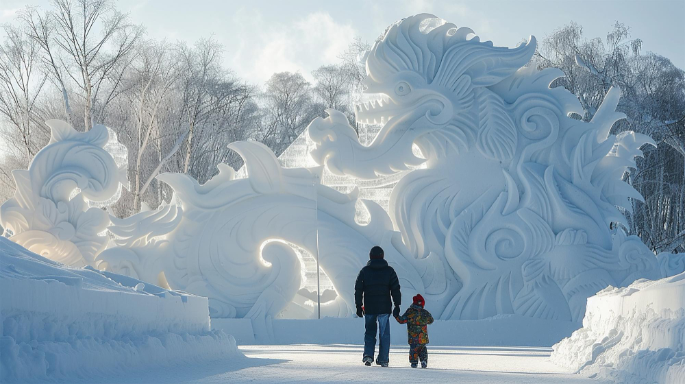 Family enjoying the snow at Sapporo Snow Festival Hokkaido Japan