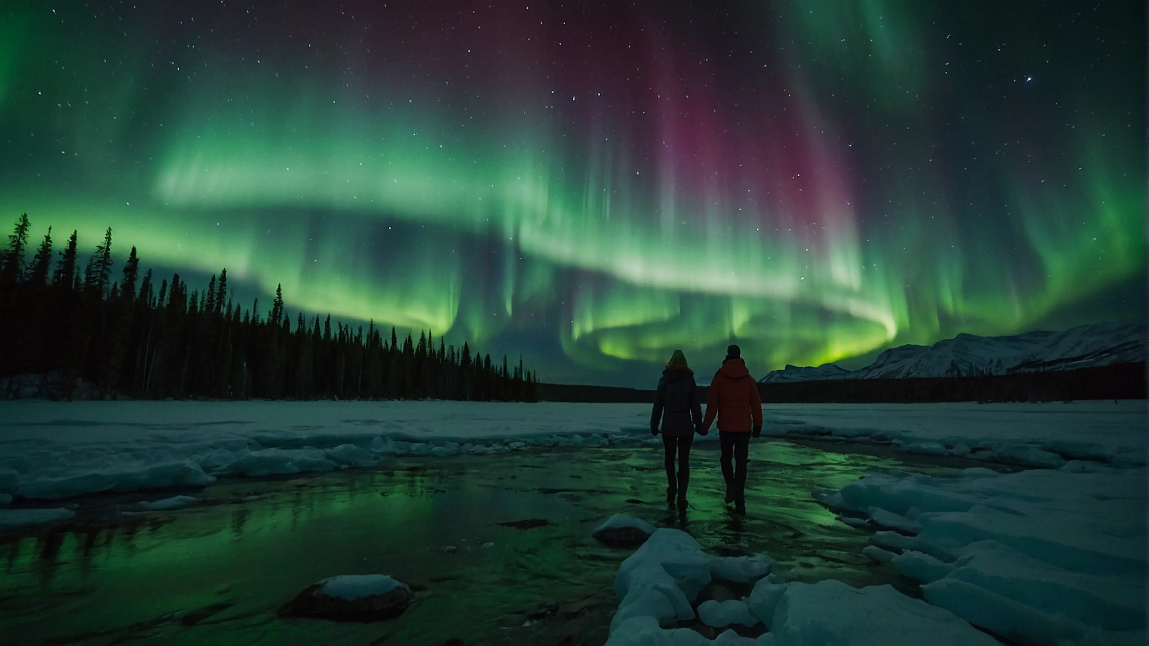 Couple standing beside a frozen river under the Aurora Borealis in Iceland