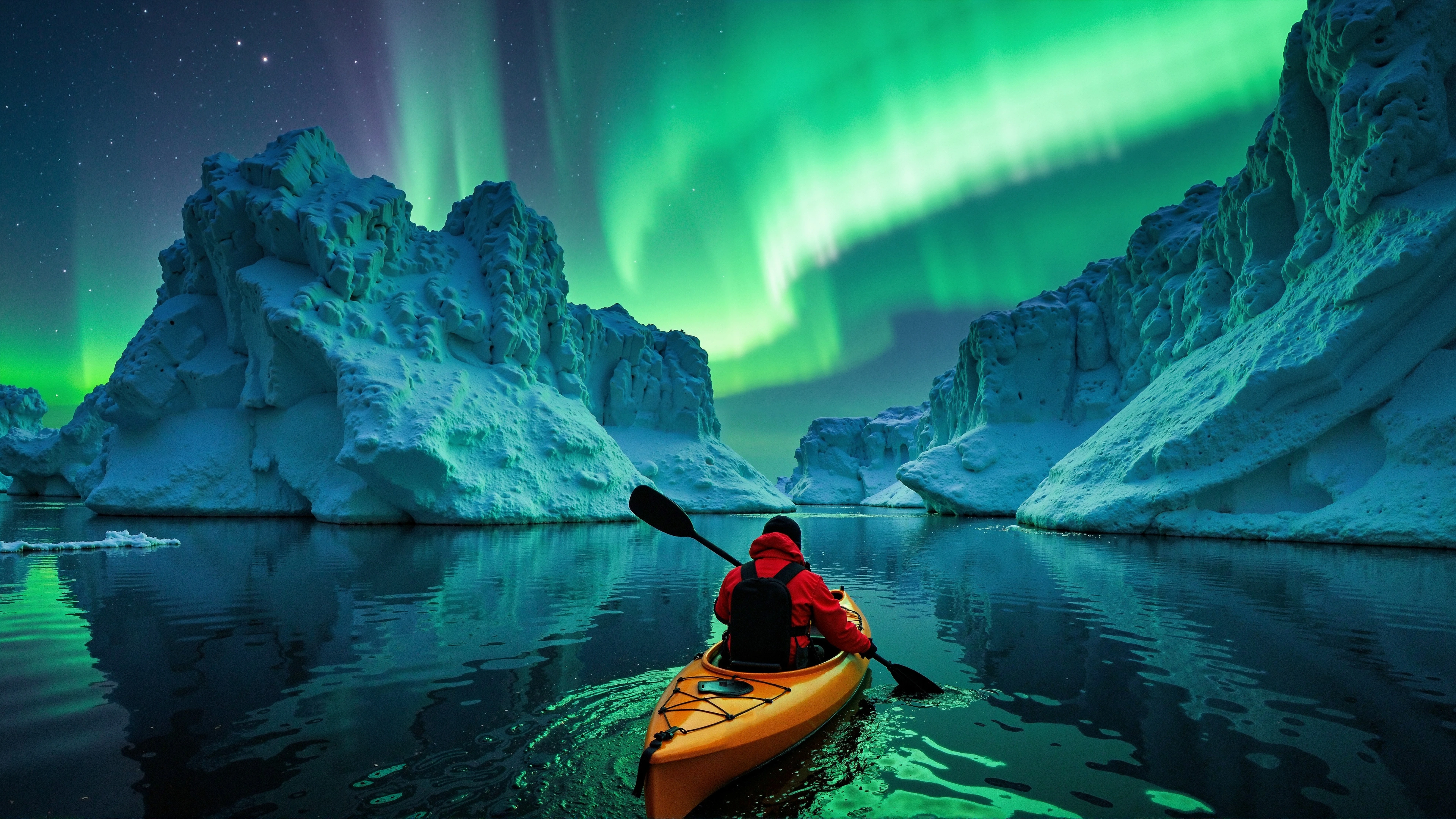 Kayaker paddling beneath the Aurora Borealis through icy fjords in Greenland.